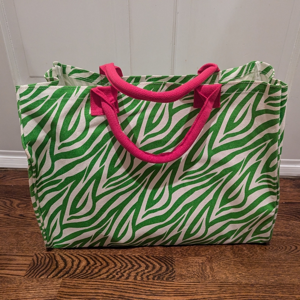 Mud Pie Bag Lady Green Zebra Tote with Pink Handles - Bold and Functional
